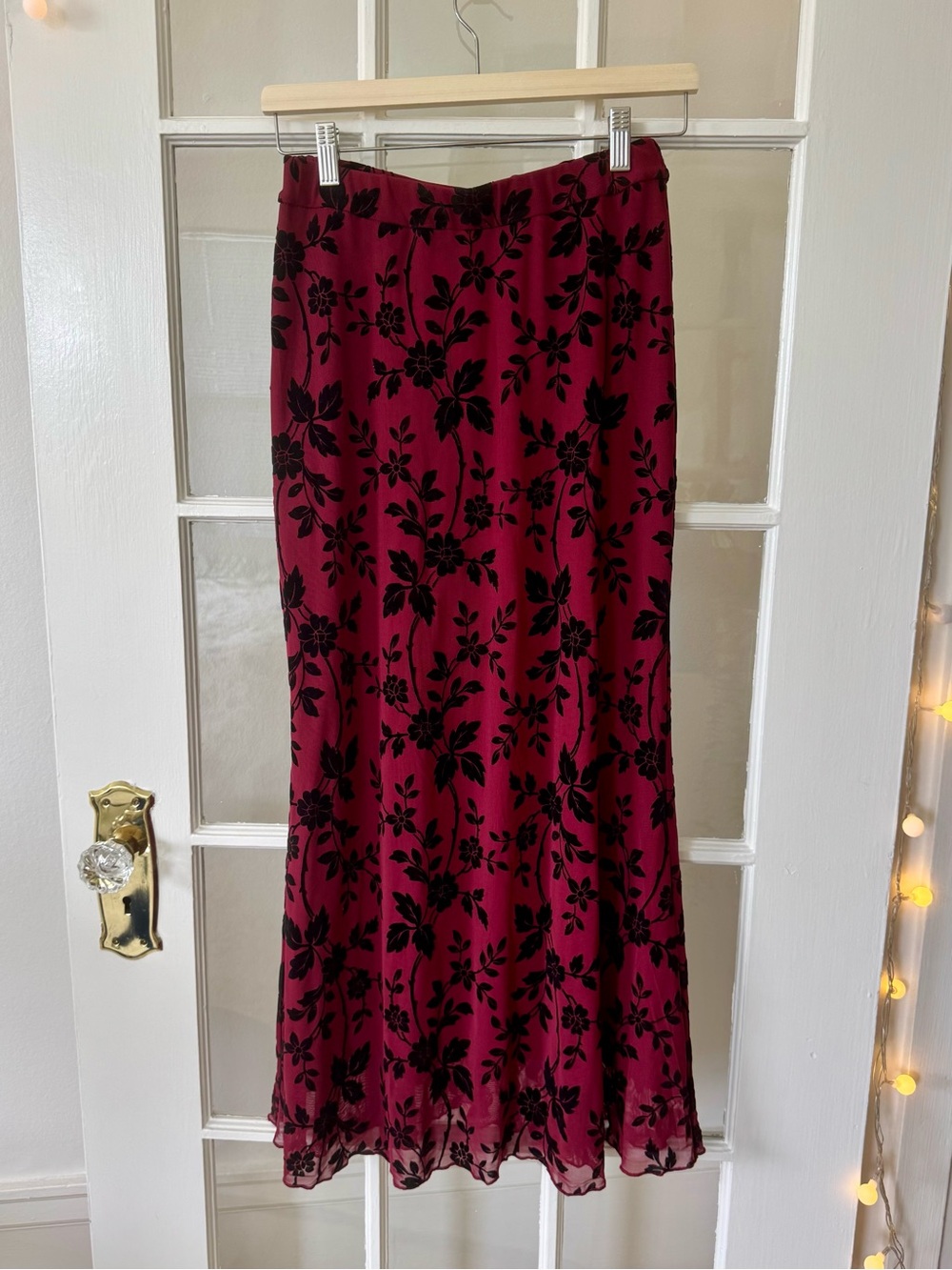 NWT Burgundy Floral Slip Skirt with Black Burnout Pattern